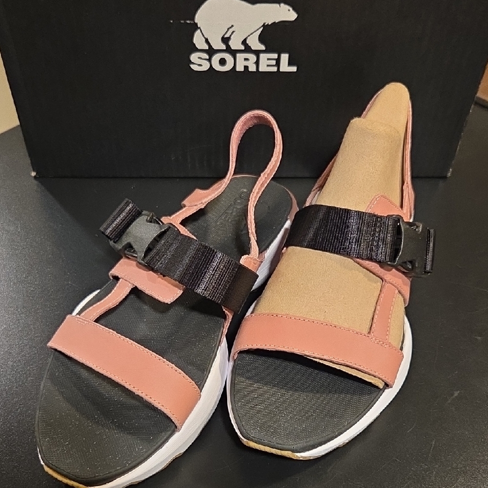 Sorel Kinetic Impact Sking Pink and Black Sandals with Cushioned Footbed Size 8
